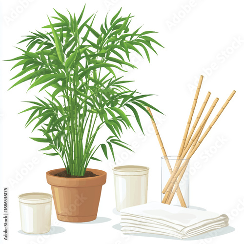 Potted Palm Tree with Bamboo Sticks and Towels Illustration.