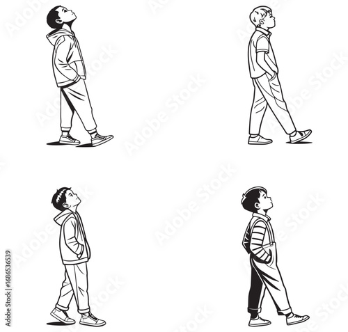 Black and White Boy Looking Up Poses Vector Illustration Collection

