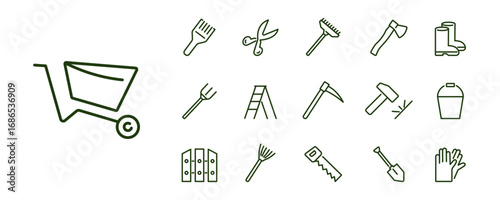 Garden tools icon set. Editable stroke. Vector badge. 