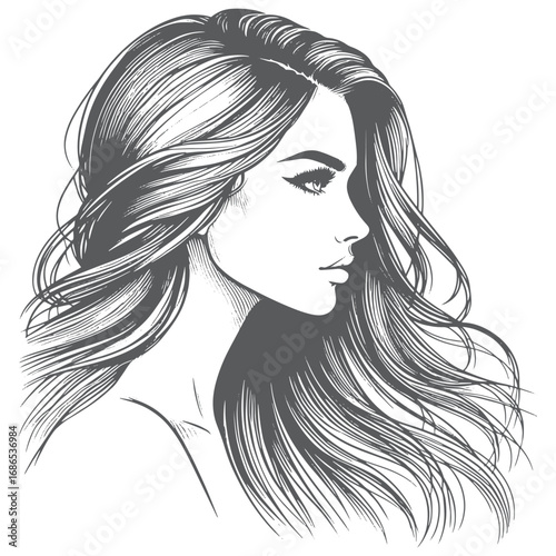 Beautiful long hair girl silhouette sketch art.