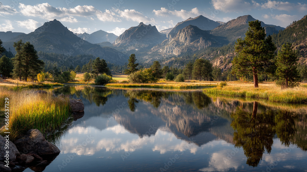 Fototapeta premium Scenic view of a lake reflecting mountains and trees under a bright sky in a natural environment