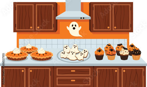 Halloween kitchen with spooky treats, perfect for themed party invitations and festive recipe illustrations
