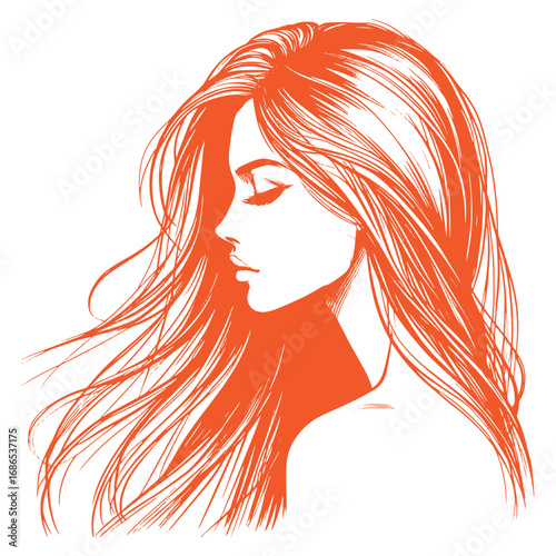 Beautiful long hair girl silhouette sketch art.