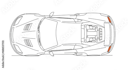 Detailed line drawing showcasing the overhead view of a high-performance sports car