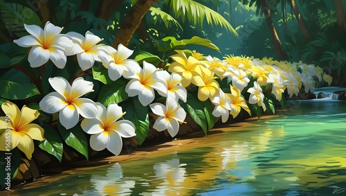  White and yellow frangipani flowers on tropical forest