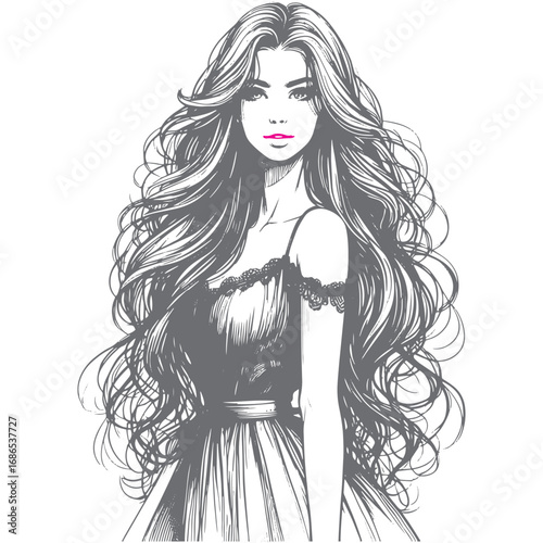 Beautiful long hair girl silhouette sketch art.