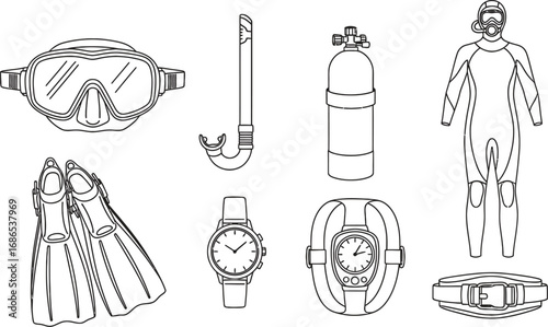 Collection of essential scuba diving equipment laid out for adventure