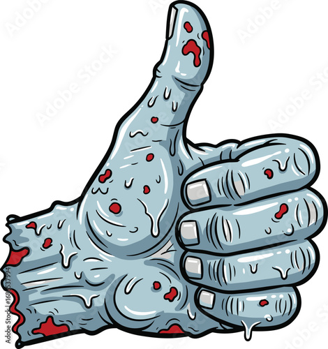 Cartoon zombie hand giving thumbs up, bluish decayed skin with wounds, humorous horror illustration for Halloween, creepy undead gesture design