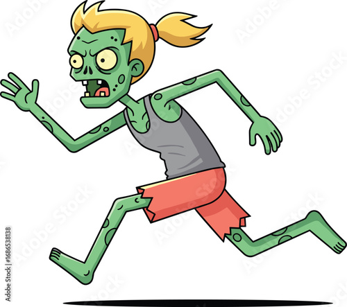 Cartoon zombie character running, green‑skinned undead with ponytail, tattered clothes, dynamic action pose, horror mascot illustration, Halloween or apocalypse theme artwork
