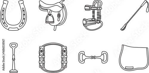 Collection of equestrian equipment and accessories for horse riding, presented as line art.