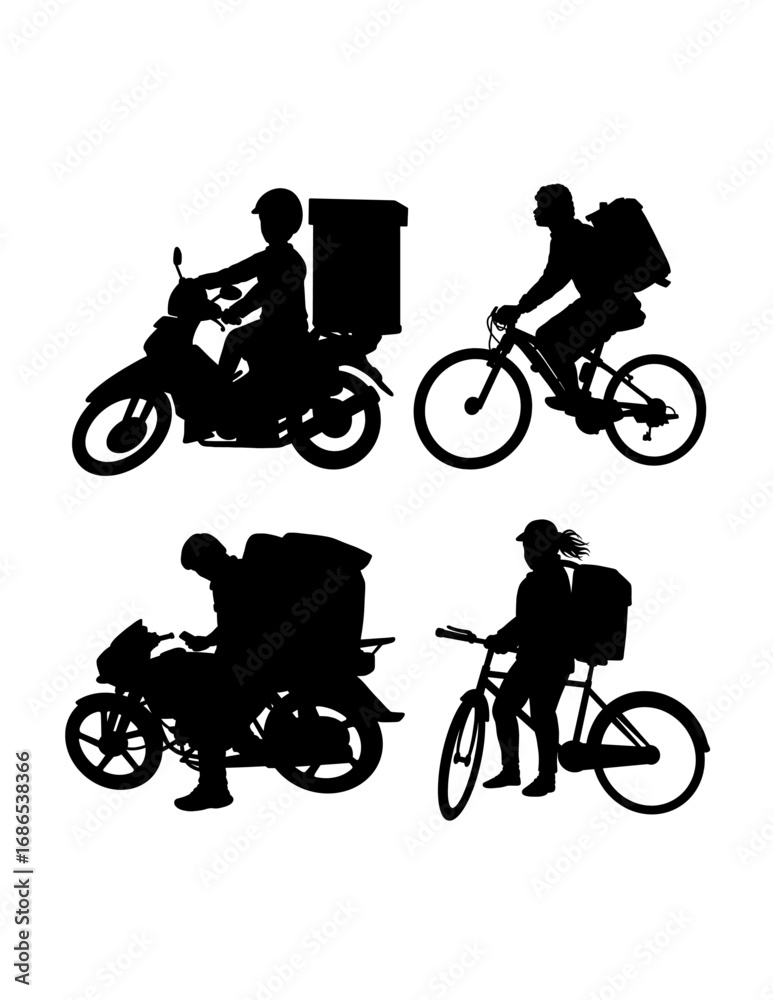 Fototapeta premium Male and female courier transport delivery silhouette