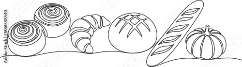 A delightful assortment of baked goods, including rolls, croissant, and bread, presented in a clean line art style.