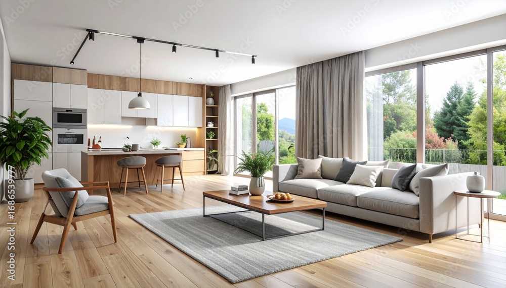 Fototapeta premium Modern Bright Living Room with Open Kitchen and Natural Light