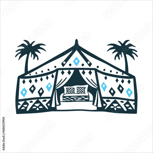 Bedouin Tent Illustration with Geometric Patterns Al Dhafra Festival Bedouin tent barasti with geometric weave patterns
