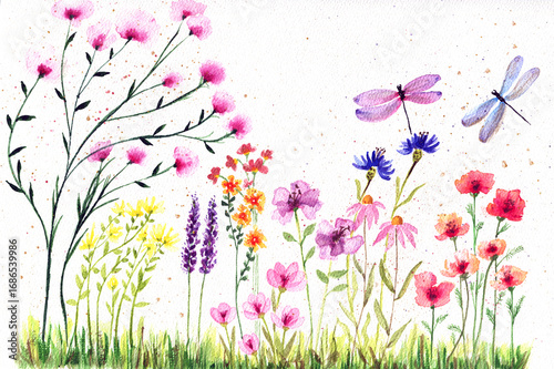 Giardino fiorito ad acquerello su carta testurizzata