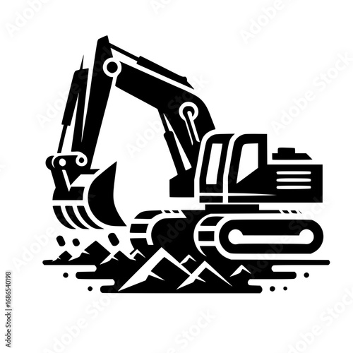Excavator digging black vector icon with transparent background 