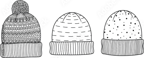 Three cozy knitted winter hats with unique patterns and pom-pom detail