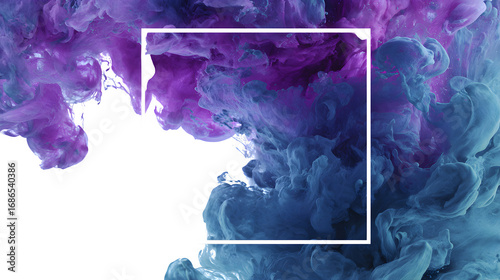 abstract swirl of blue and purple ink with square frame design isolated on white