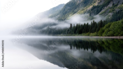 Fototapeta Naklejka Na Ścianę i Meble -  Landscape photograph of a mountain lake. the lake is calm and still, reflecting the trees and mountains in its surface. the mountains are covered in green trees and the sky is overcast.