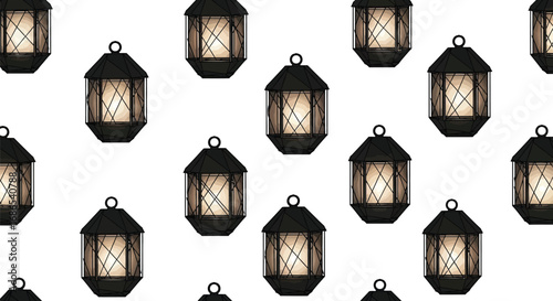 Seamless pattern of vintage lanterns and old-fashioned lamps with candle inside decorative light source for halloween