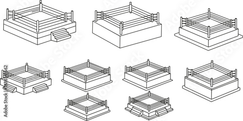Wrestling and Boxing Ring Vector Set: Isometric, Outline, and Black Silhouette Views for Fighting Sports
.