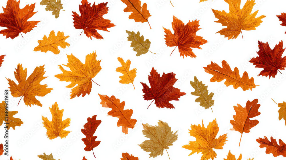 Obraz premium Seamless pattern of colorful autumn maple and oak leaves scattered on a white background
