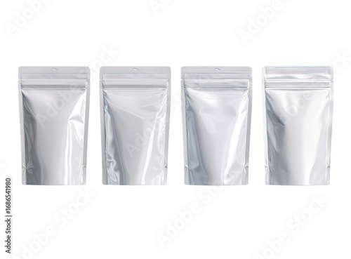 Four blank, silver, resealable pouches