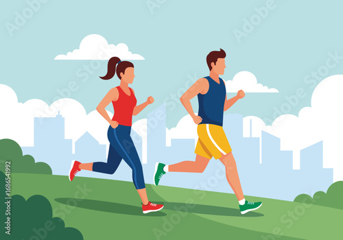 Illustration of a couple jogging in a city park, promoting health, fitness, and an active urban lifestyle