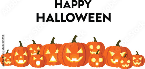Happy halloween greeting card with carved pumpkins, festive autumn holiday banner with jack-o'-lanterns and text