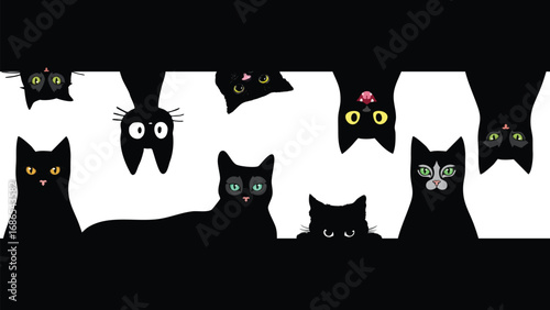 Black cat faces vector in horizontal layout. Cute feline expressions with big eyes, perfect for Halloween designs, pets illustrations, and digital art projects.
