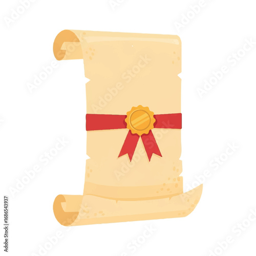 Ancient Scroll with Red Ribbon and Golden Seal.