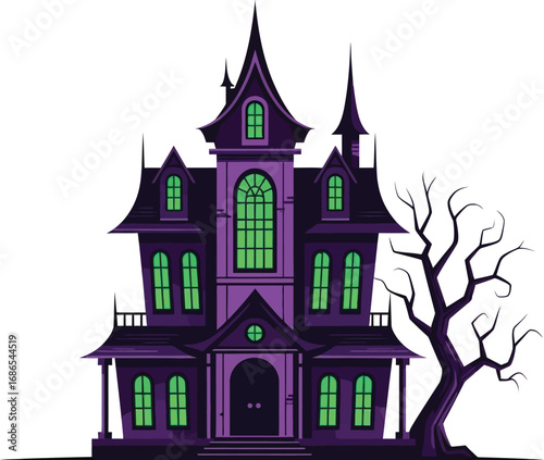 Spooky haunted house with bare tree creepy mansion with glowing windows, halloween haunted house illustration