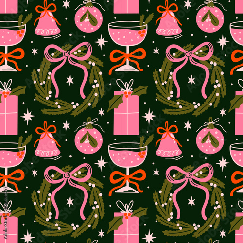 Merry Christmas vector seamless pattern with colorful groovy funky cartoon illustration of bauble, ornaments, mistletoe wreath, cocktail drink, gift, xmas holiday decor elements for design