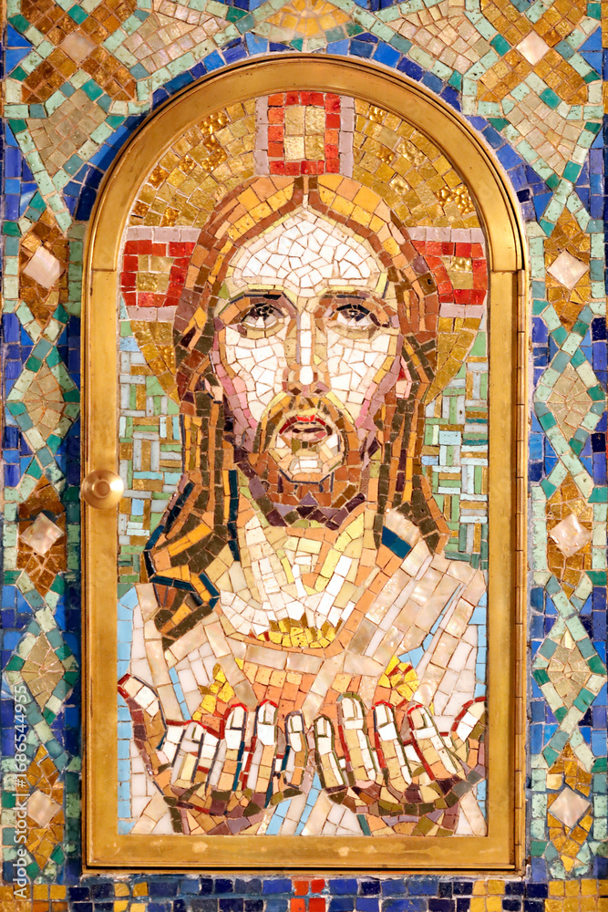 Fototapeta premium St Claude la Colombiere chapel. Tabernacle. Jesus Christ mosaic. Paray le Monial. France.