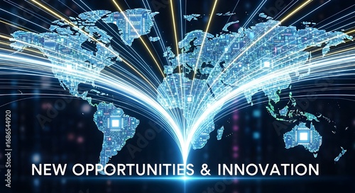Digital world map with glowing light rays symbolizing new opportunities, innovation, and technological advancements connecting countries worldwide.