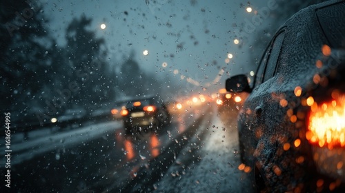 Driving through a rainstorm at dusk, visibility is reduced during the ride