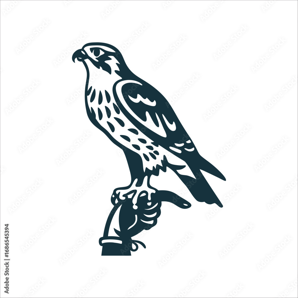 Fototapeta premium Falconry Icon: Falcon Perched on Glove Vector Falconry Heritage Falcon perched on a gloved fist head turned sideways