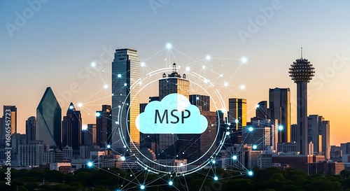 Modern city skyline glows with connected MSP cloud technology, promising innovative solutions for business growth and efficient IT management