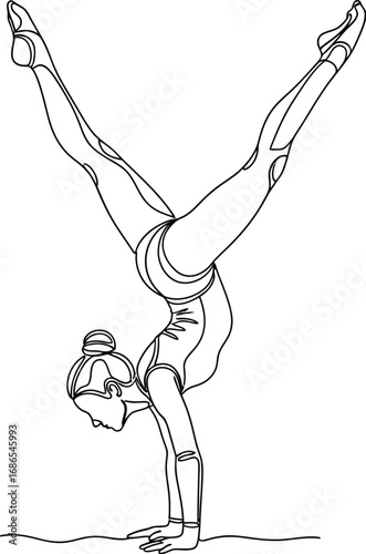 Elegant gymnast performing a graceful handstand with dynamic pose and athletic form.
