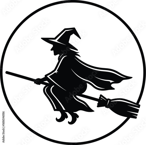 A silhouette of a witch flying on a broomstick in front of a full moon, perfect for Halloween-themed designs