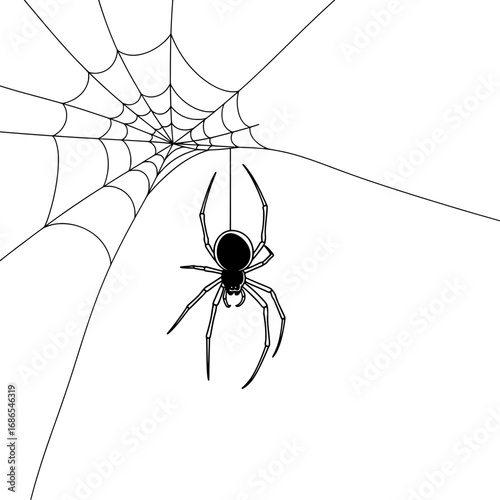 Scary black spider hanging from web, perfect for Halloween designs, spooky themes, & more