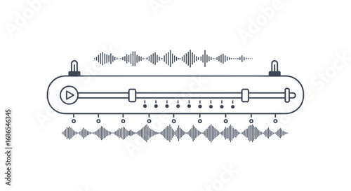 A minimalist line art illustration of an audio or video timeline slider with waveforms, representing media editing software.