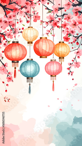Colorful lanterns hanging among cherry blossoms.