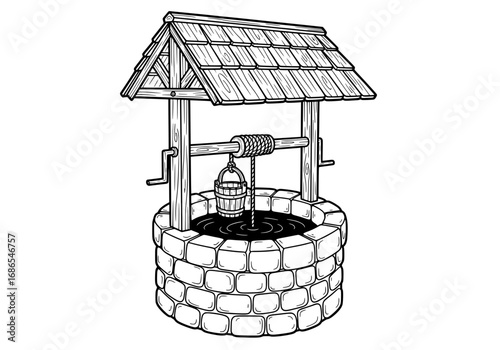 Detailed drawing of old water well with bucket ready to draw water from the depths