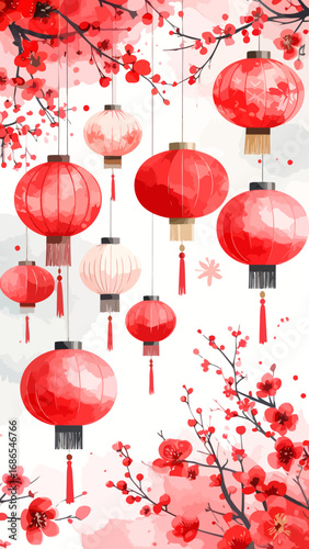 Traditional Chinese Lanterns Hanging on Cherry Blossom Branches.