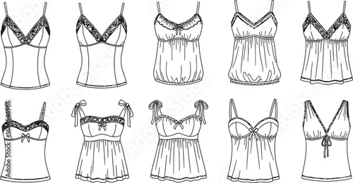 Collection of elegant lingerie tops with lace and ribbon details, presented as fashion sketches.