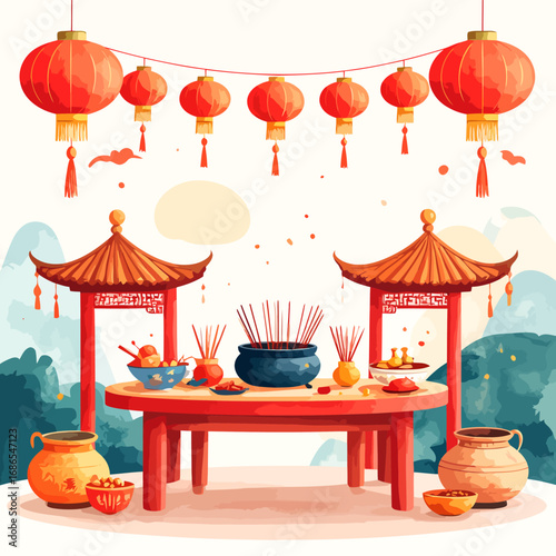 Traditional Chinese New Year Celebration Altar with Offerings and Lanterns.