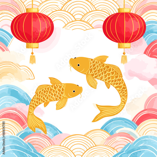 Golden Koi Fish Duo with Red Lanterns for Chinese New Year.