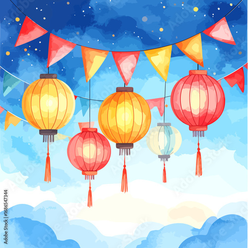 Watercolor illustration of hanging festival paper lanterns and bunting.