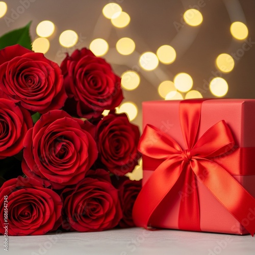 Red Roses with Small Present and Sparkling Bokeh